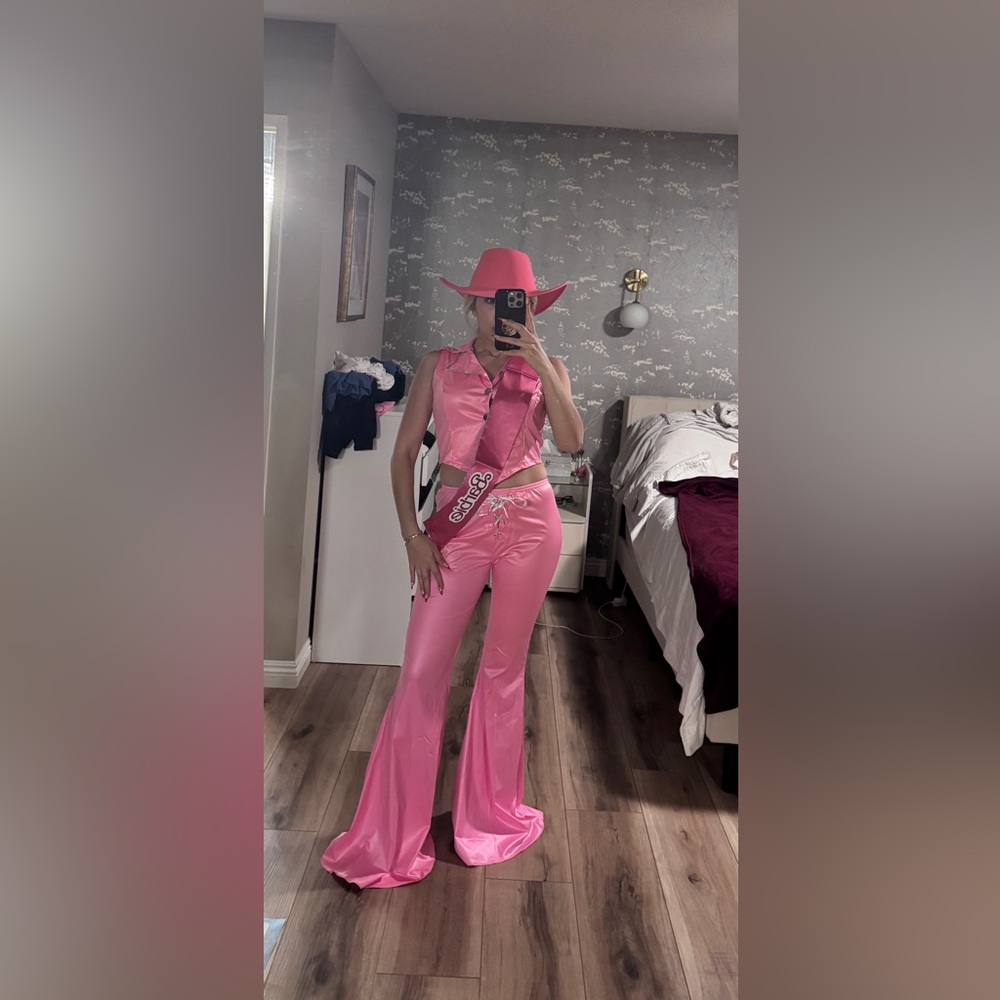Barbie Pink Womens Jumpsuit Costume w Hat and Sash